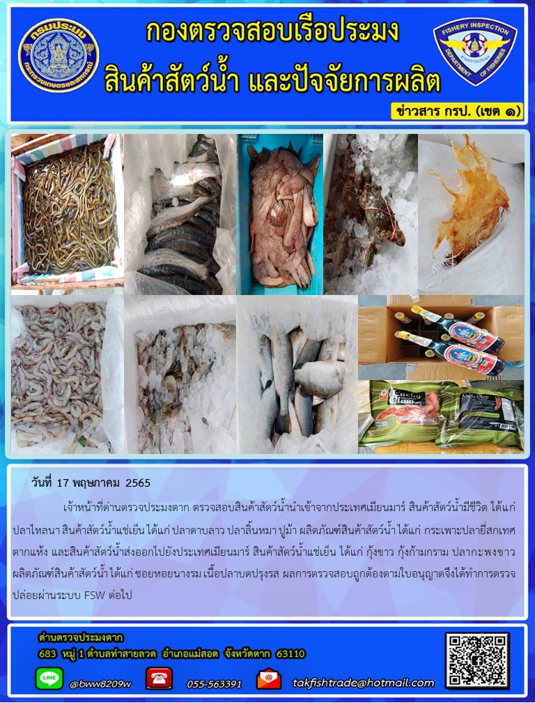 วันที่ 17 พฤษภาคม 2565   	     เจ้าหน้าที่ด่านตรวจประมงตาก ตรวจสอบสินค้าสัตว์น้ำนำเข้าจากประเทศเมียนมาร์ สินค้าสัตว์น้ำมีชีวิต ได้แก่  ปลาไหลนา สินค้าสัตว์น้ำแช่เย็น ได้แก่ ปลาดาบลาว ปลาลิ้นหมา ปูม้า ผลิตภัณฑ์สินค้าสัตว์น้ำ ได้แก่ กระเพาะปลายี่สกเทศตากแห้ง และสินค้าสัตว์น้ำส่งออกไปยังประเทศเมียนมาร์ สินค้าสัตว์น้ำแช่เย็น ได้แก่ กุ้งขาว กุ้งก้ามกราม ปลากะพงขาว ผลิตภัณฑ์สินค้าสัตว์น้ำ ได้แก่ ซอยหอยนางรม เนื้อปลาบดปรุงรส ผลการตรวจสอบถูกต้องตามใบอนุญาตจึงได้ทำการตรวจปล่อยผ่านระบบ FSW ต่อไป..คลิก