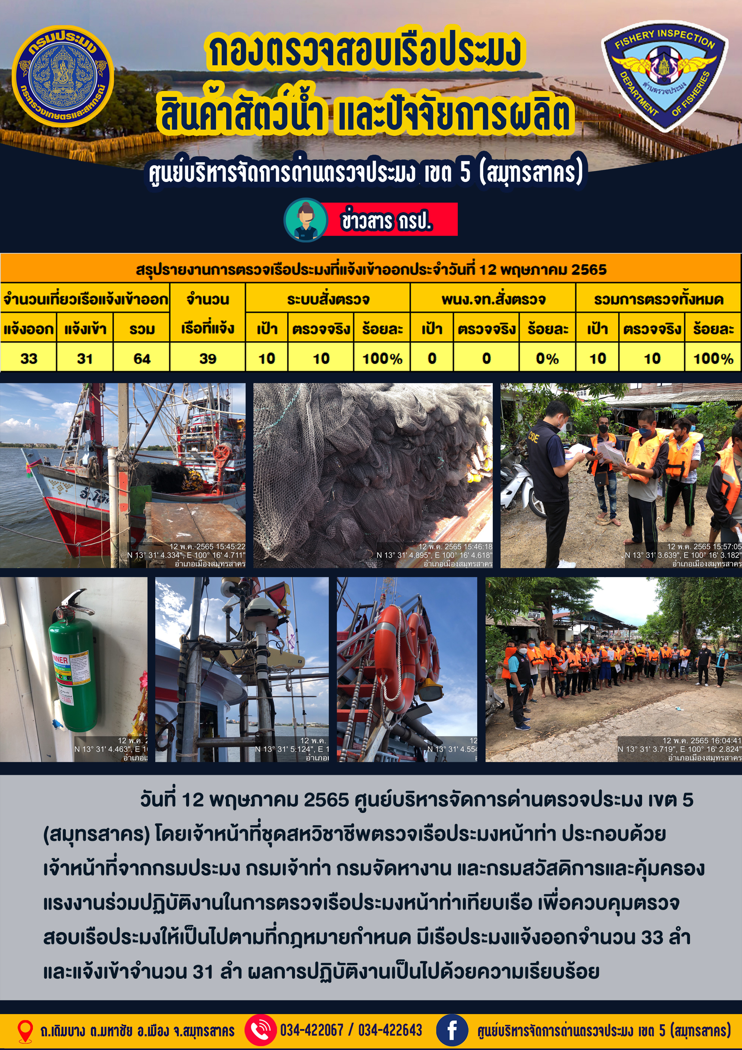 รายงานการตรวจเรือประมงที่แจ้งเข้าออกประจำวันที่ 12 พฤษภาคม 2565..คลิก