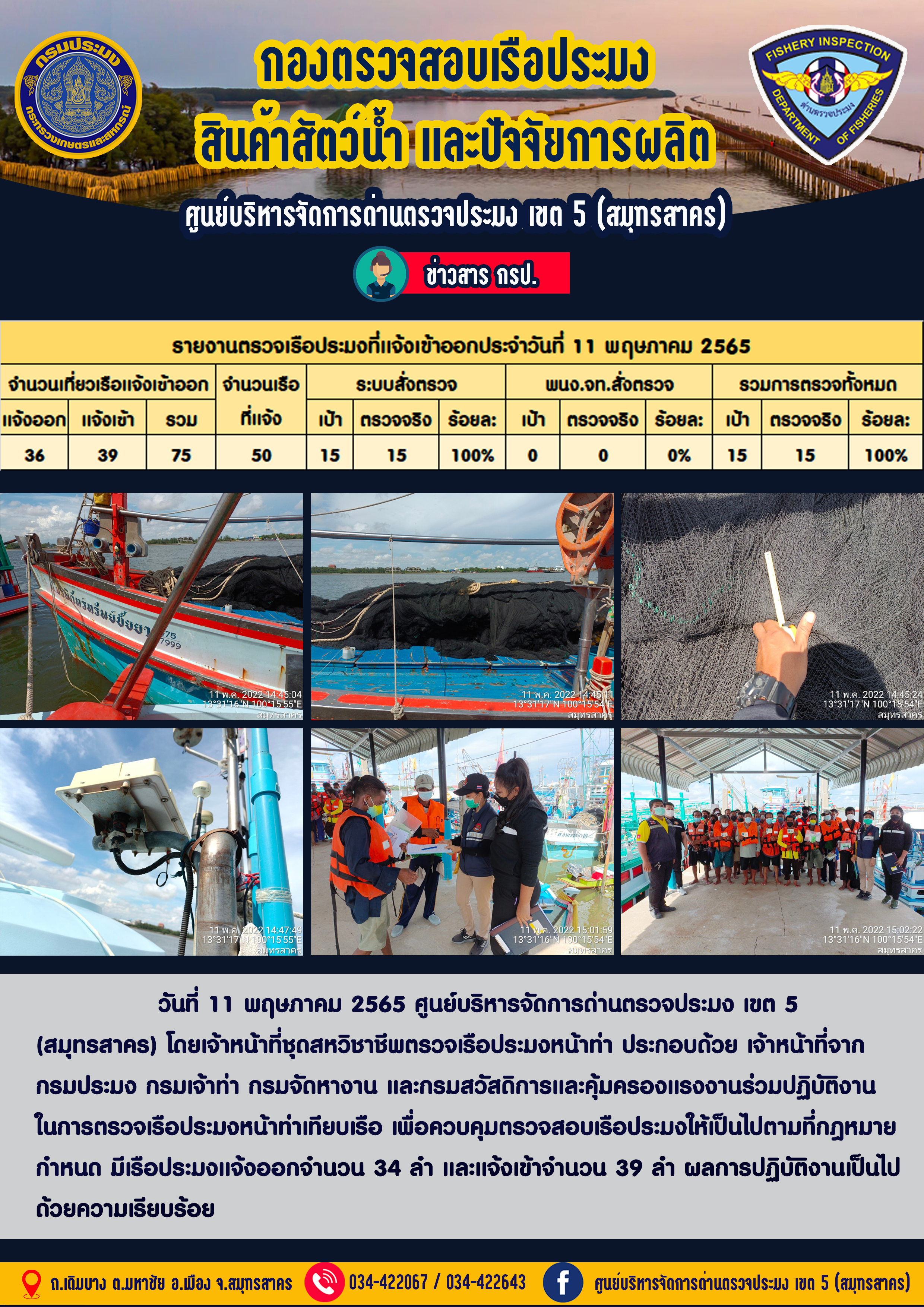 รายงานการตรวจเรือประมงที่แจ้งเข้าออกประจำวันที่ 11 พฤษภาคม 2565..คลิก
