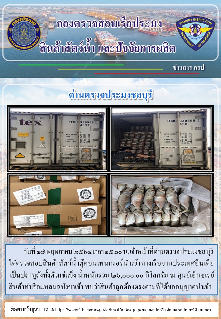 การปฏิบัติงานของเจ้าหน้าที่ด่านตรวจประมงชลบุรีประจำวันที่ 17 พฤษภาคม 2565..คลิก