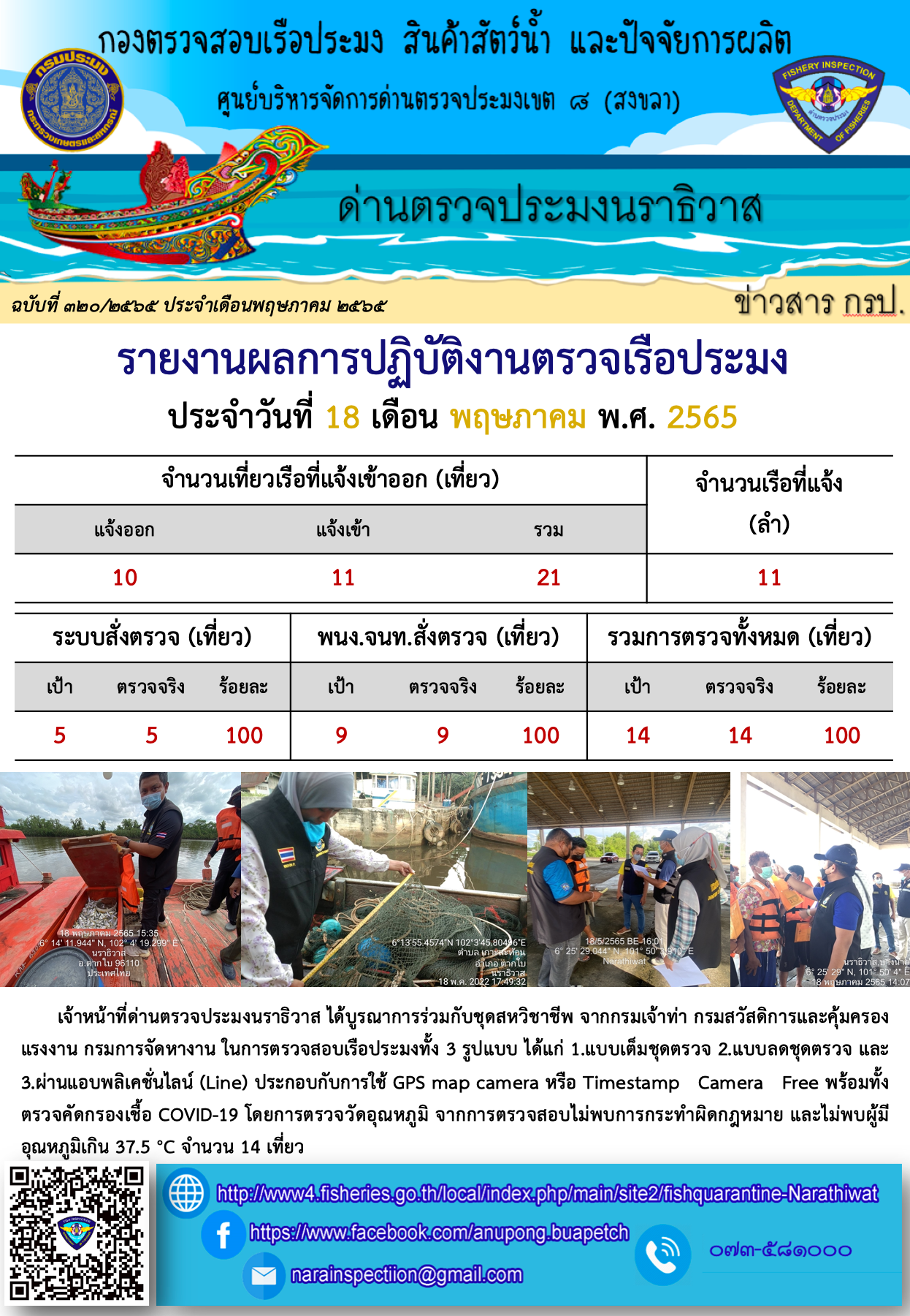 ประชาสัมพันธ์ด่านตรวจประมงนราธิวาส ประจำวันที่ 18 พฤษภาคม 2565..คลิก