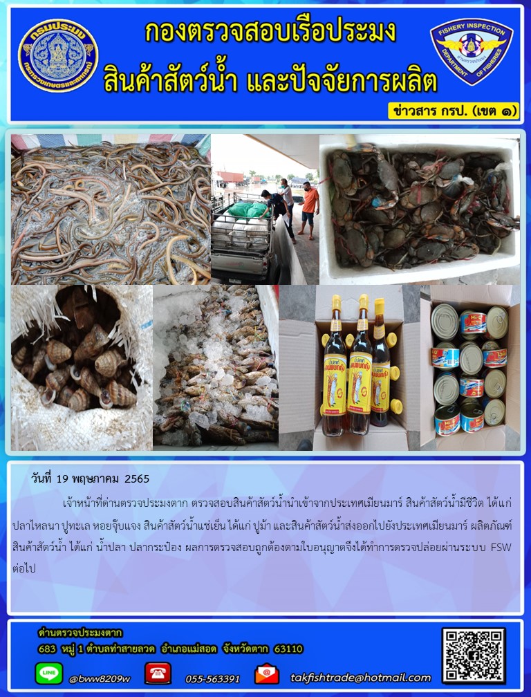 วันที่ 19 พฤษภาคม 2565   	     เจ้าหน้าที่ด่านตรวจประมงตาก ตรวจสอบสินค้าสัตว์น้ำนำเข้าจากประเทศเมียนมาร์ สินค้าสัตว์น้ำมีชีวิต ได้แก่  ปลาไหลนา ปูทะเล หอยจุ๊บแจง สินค้าสัตว์น้ำแช่เย็น ได้แก่ ปูม้า และสินค้าสัตว์น้ำส่งออกไปยังประเทศเมียนมาร์ ผลิตภัณฑ์สินค้าสัตว์น้ำ ได้แก่ น้ำปลา ปลากระป๋อง ผลการตรวจสอบถูกต้องตามใบอนุญาตจึงได้ทำการตรวจปล่อยผ่านระบบ FSW ต่อไป..คลิก