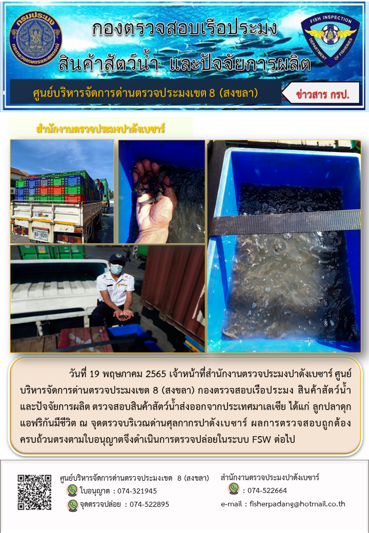 ประชาสัมพันธ์การปฏิบัติงาน วันที่ 19 พฤษภาคม 2565 สำนักงานตรวจประมงปาดังเบซาร์..คลิก