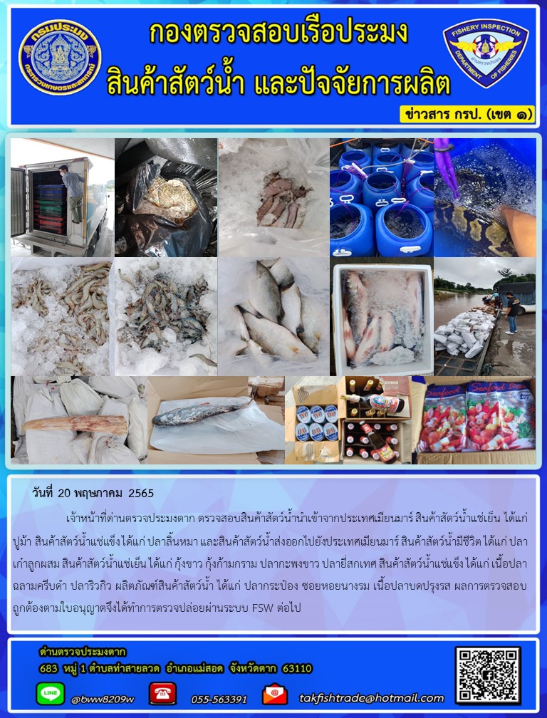 วันที่ 20 พฤษภาคม 2565   	     เจ้าหน้าที่ด่านตรวจประมงตาก ตรวจสอบสินค้าสัตว์น้ำนำเข้าจากประเทศเมียนมาร์ สินค้าสัตว์น้ำแช่เย็น ได้แก่ ปูม้า สินค้าสัตว์น้ำแช่แข็ง ได้แก่ ปลาลิ้นหมา และสินค้าสัตว์น้ำส่งออกไปยังประเทศเมียนมาร์ สินค้าสัตว์น้ำมีชีวิต ได้แก่ ปลาเก๋าลูกผสม สินค้าสัตว์น้ำแช่เย็น ได้แก่ กุ้งขาว กุ้งก้ามกราม ปลากะพงขาว ปลายี่สกเทศ สินค้าสัตว์น้ำแช่แข็ง ได้แก่ เนื้อปลาฉลามครีบดำ ปลาริวกิว ผลิตภัณฑ์สินค้าสัตว์น้ำ ได้แก่ ปลากระป๋อง ซอยหอยนางรม เนื้อปลาบดปรุงรส ผลการตรวจสอบถูกต้องตามใบอนุญาตจึงได้ทำการตรวจปล่อยผ่านระบบ FSW ต่อไป..คลิก