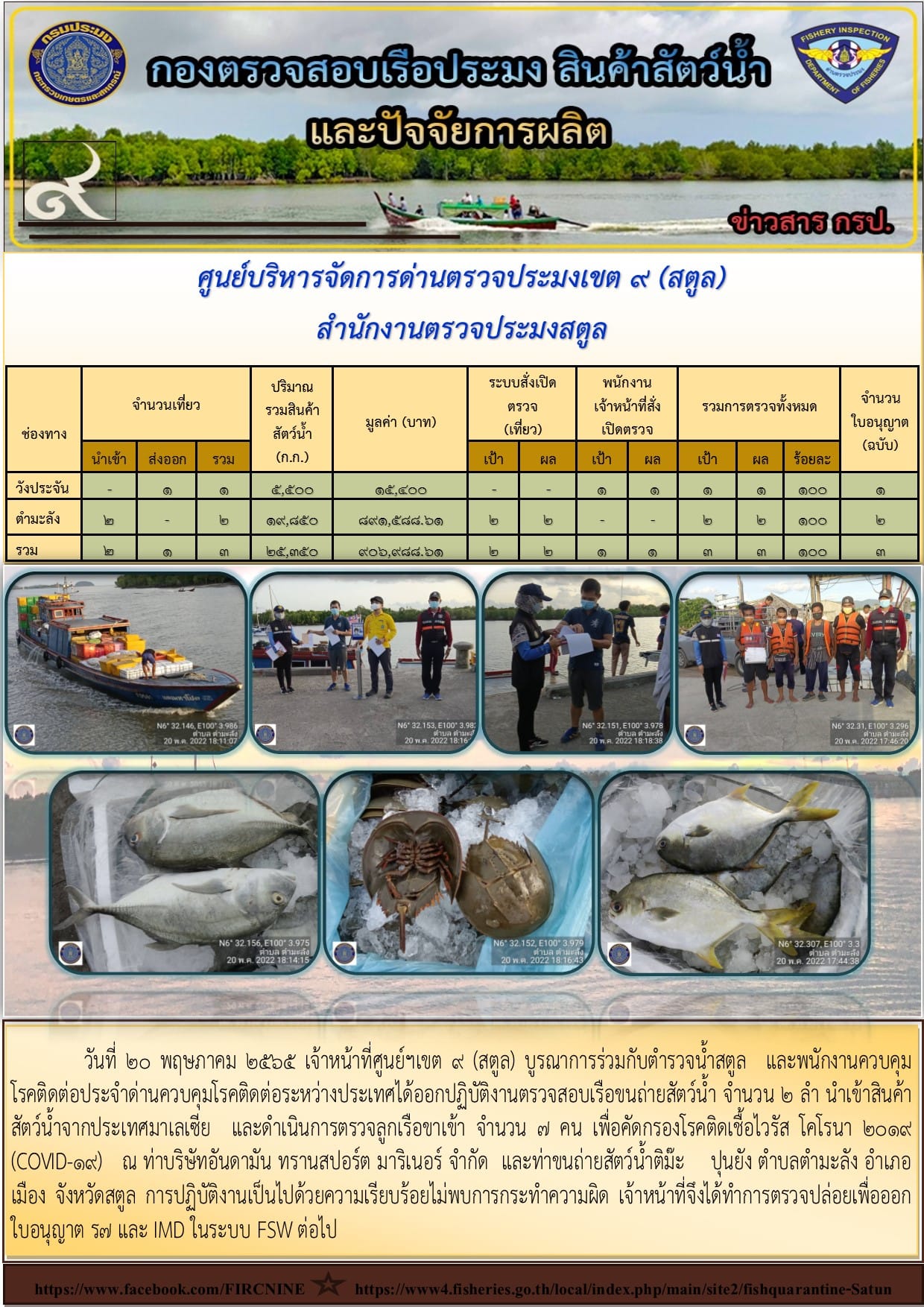 ประชาสัมพันธ์การปฏิบัติงานศูนย์บริหารจัดการด่านตรวจประมงเขต 9(สตูล) ประจำวันที่ 16-20 พฤษภาคม 2565..คลิก