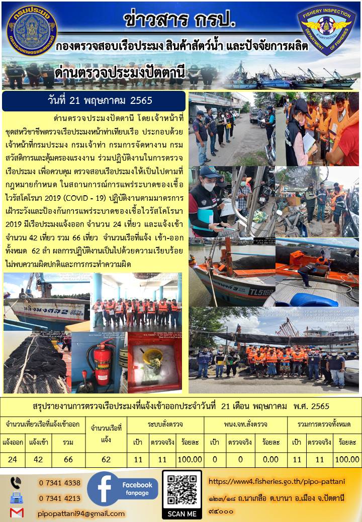 ข่าวสารการปฏิบัติงาน ด่านตรวจประมงปัตตานี 21 พ.ค. 65..คลิก