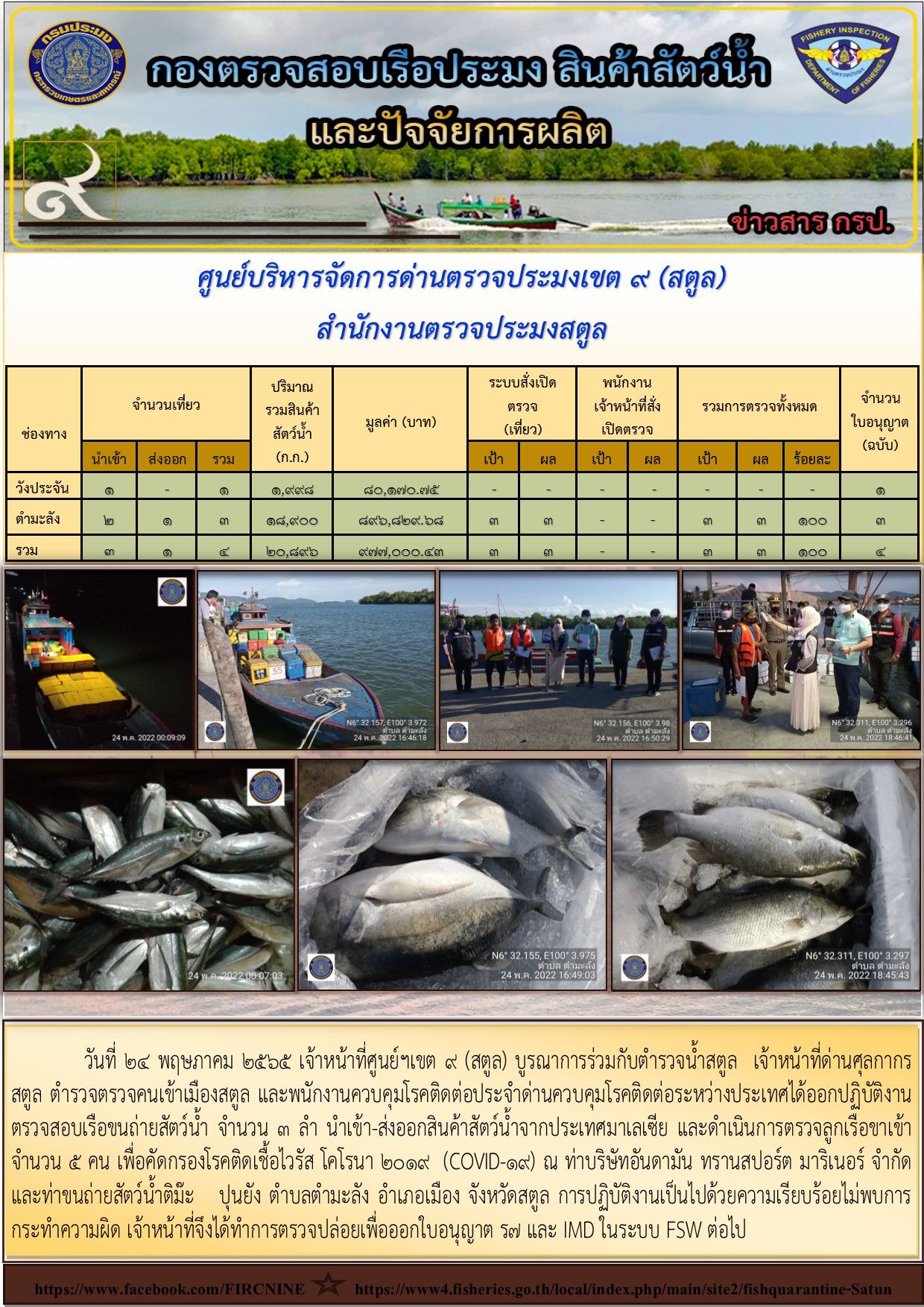 ประชาสัมพันธ์การปฏิบัติงานศูนย์บริหารจัดการด่านตรวจประมงเขต 9 (สตูล) ประจำวันที่ 21-24 พฤษภาคม 2565..คลิก