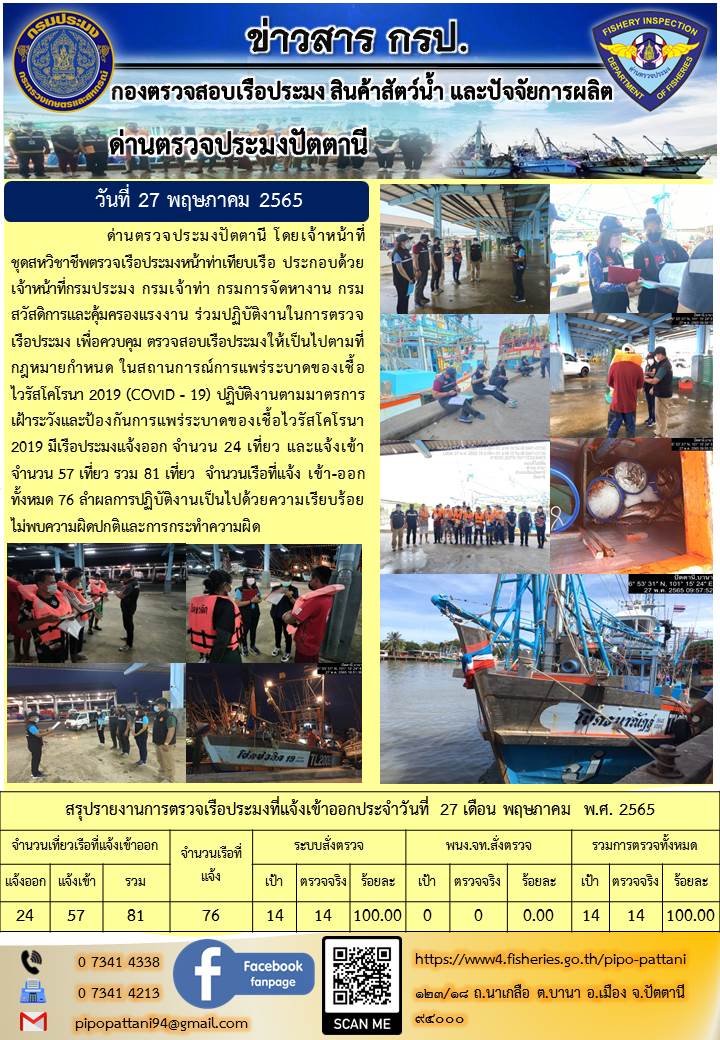ข่าวสารการปฏิบัติงาน ด่านตรวจประมงปัตตานี 27 พ.ค. 65..คลิก