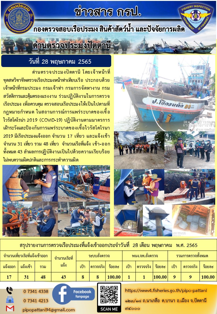 ข่าวสารการปฏิบัติงาน ด่านตรวจประมงปัตตานี 28 พ.ค. 65..คลิก