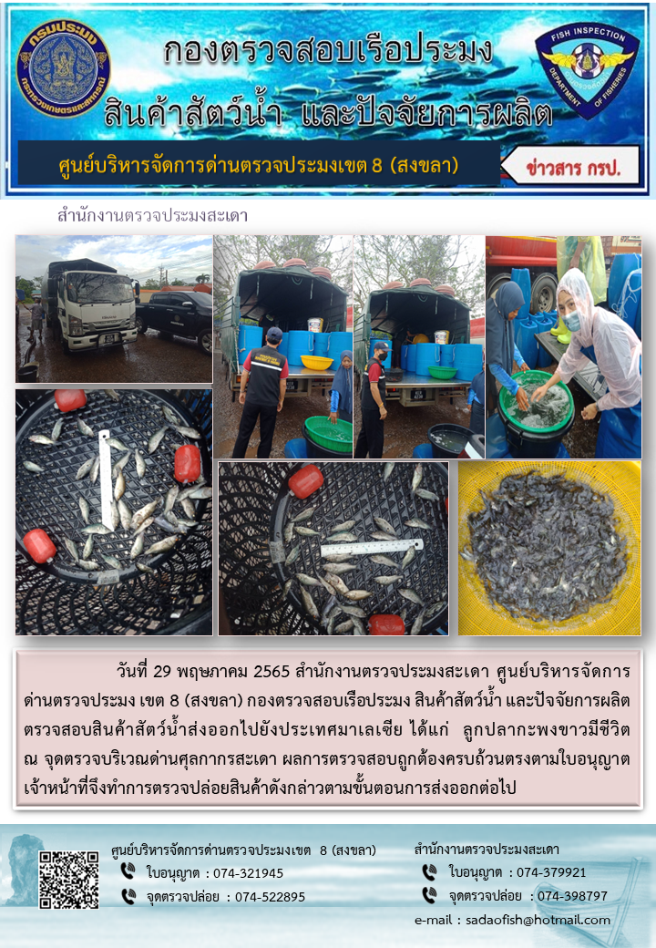 ประชาสัมพันธ์การปฏิบัติงาน วันที่ 29 พฤษภาคม 2565 สำนักงานตรวจประมงสะเดา..คลิก