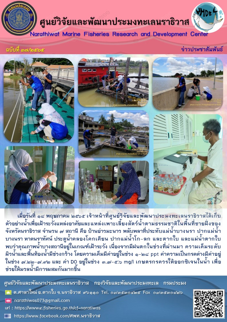 การเก็บตัวอย่างน้ำเพื่อเฝ้าระวังคุณภาพน้ำในแหล่งน้ำธรรมชาติ ประจำเดือน พฤษภาคม 2565
