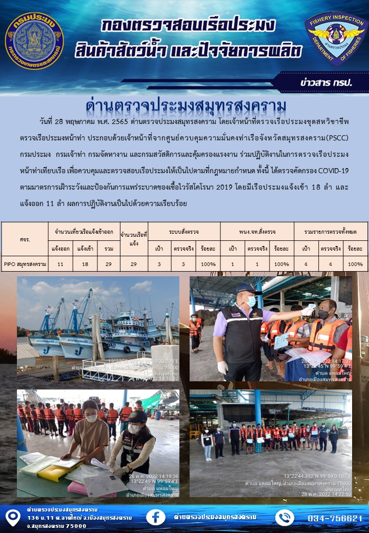 สถิติการแจ้งเข้า - ออกเรือประมงพาณิชย์ ด่านตรวจประมงสมุทรสงคราม ประจำวันที่ 28 พฤษภาคม 2565..คลิก