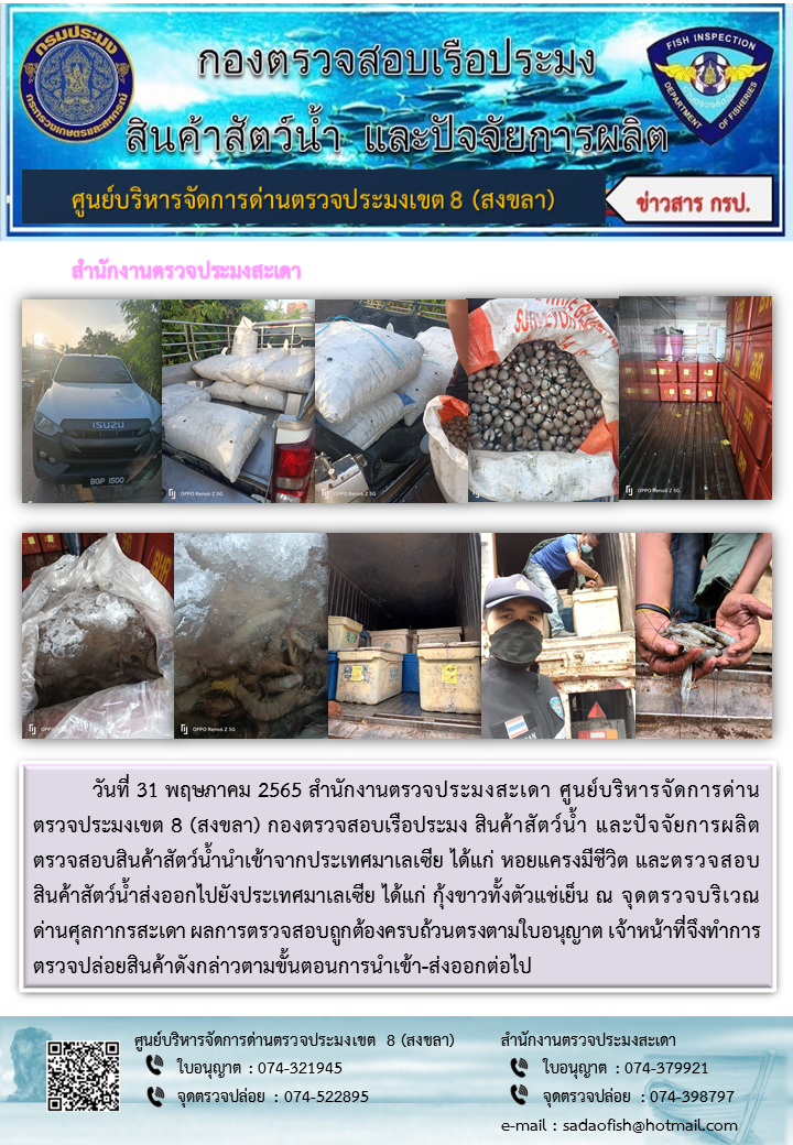 ประชาสัมพันธ์การปฏิบัติงาน วันที่ 31 พฤษภาคม 2565 สำนักงานตรวจประมงสะเดา..คลิก