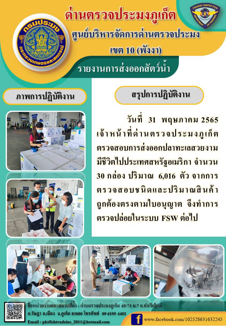 วันที่ 31 พฤษภาคม 2565  เจ้าหน้าที่ด่านตรวจประมงภูเก็ต ตรวจสอบการส่งออกปลาทะเลสวยงามมีชีวิตไปประเทศสหรัฐอเมริกา จำนวน 30 กล่องปริมาณ  6,016 ตัว จากการตรวจสอบชนิดและปริมาณสินค้าถูกต้องตรงตามใบอนุญาต  จึงทำการตรวจปล่อยในระบบ FSW ต่อไป..คลิก
