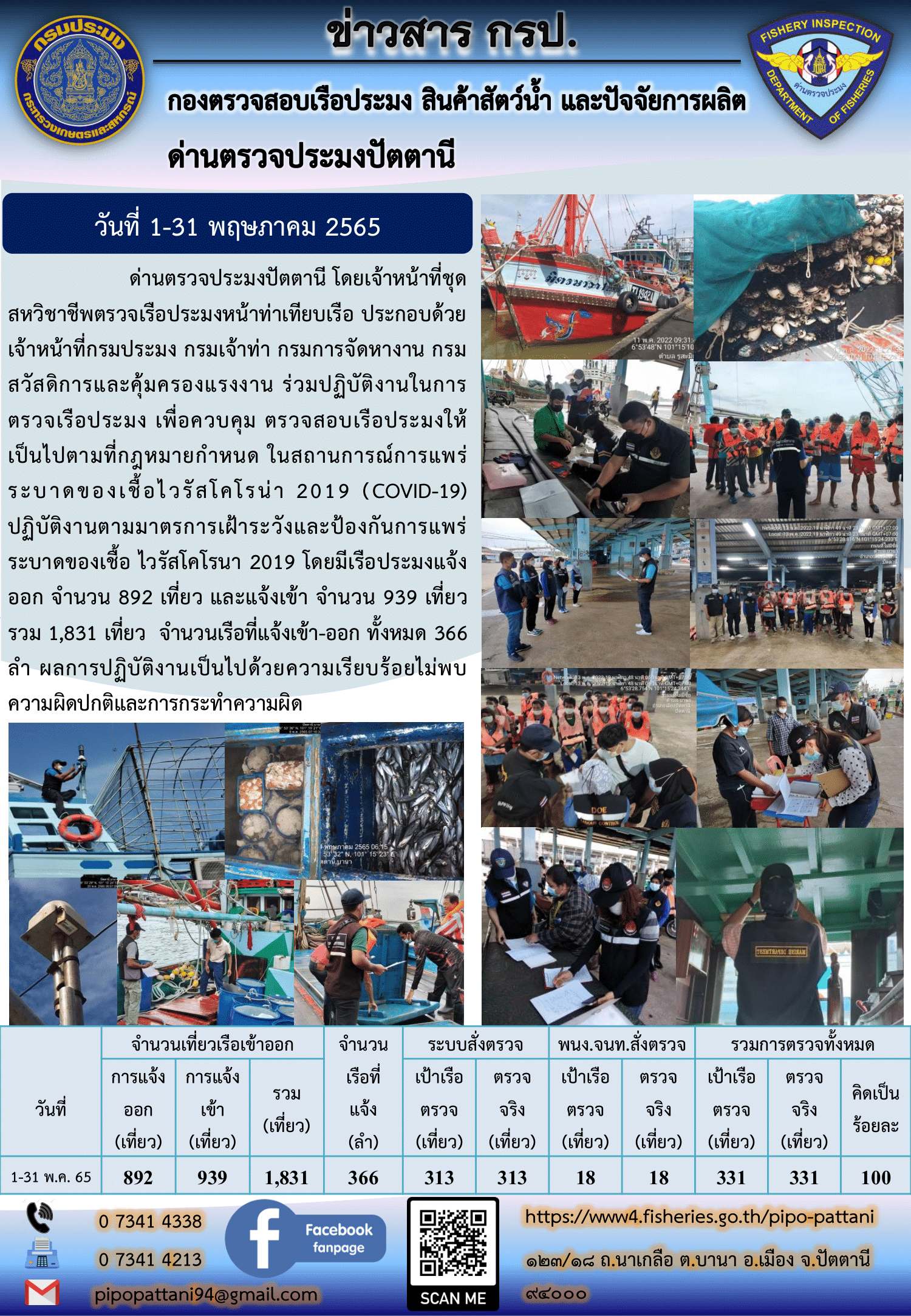 สถิติการแจ้งเรือเข้าออกเรือประมง ประจำเดือนพฤษภาคม 2565..คลิก