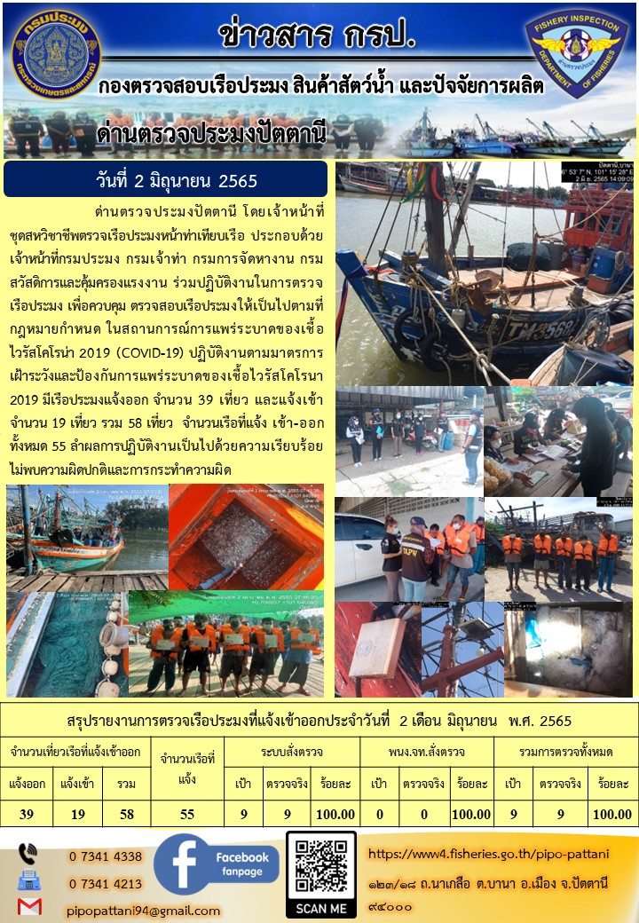 ข่าวสารการปฏิบัติงาน ด่านตรวจประมงปัตตานี 2 มิ.ย. 65..คลิก