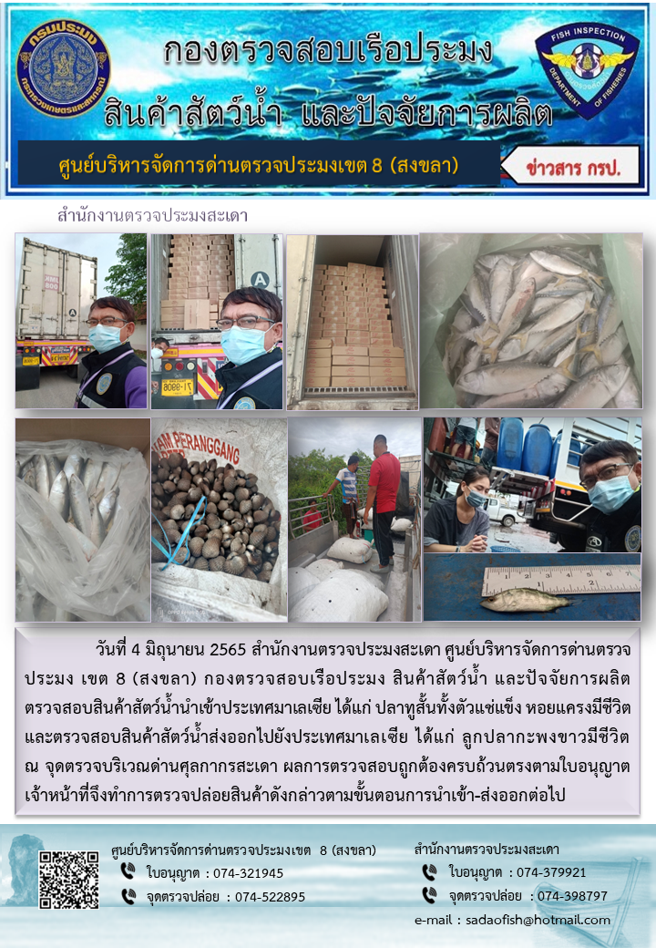 ประชาสัมพันธ์การปฏิบัติงาน วันที่ 4 มิถุนายน 2565 สำนักงานตรวจประมงสะเดา..คลิก