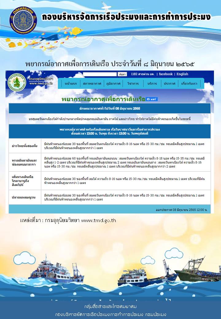 พยากรณ์อากาศเพื่อการเดินเรือ ประจำวันที่ 8 มิถุนายน 2565..คลิก