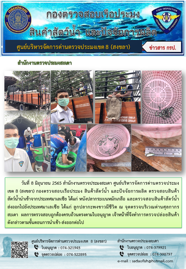 ประชาสัมพันธ์การปฏิบัติงาน วันที่ 8 มิถุนายน 2565 สำนักงานตรวจประมงสะเดา..คลิก