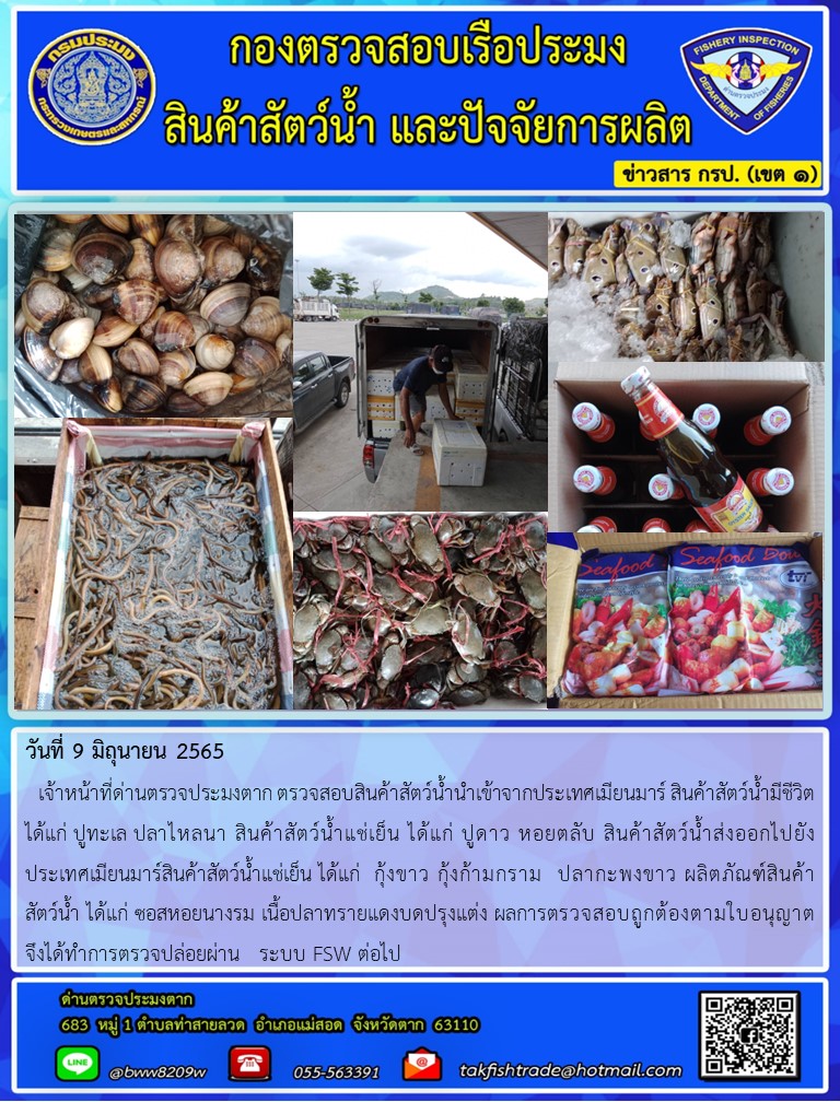 วันที่ 9 มิถุนายน 2565   เจ้าหน้าที่ด่านตรวจประมงตาก ตรวจสอบสินค้าสัตว์น้ำนำเข้าจากประเทศเมียนมาร์ สินค้าสัตว์น้ำมีชีวิต ได้แก่ ปูทะเล ปลาไหลนา สินค้าสัตว์น้ำแช่เย็น ได้แก่ ปูดาว หอยตลับ สินค้าสัตว์น้ำส่งออกไปยัง       ประเทศเมียนมาร์สินค้าสัตว์น้ำแช่เย็น ได้แก่  กุ้งขาว กุ้งก้ามกราม  ปลากะพงขาว ผลิตภัณฑ์สินค้า    สัตว์น้ำ ได้แก่ ซอสหอยนางรม เนื้อปลาทรายแดงบดปรุงแต่ง ผลการตรวจสอบถูกต้องตามใบอนุญาต    จึงได้ทำการตรวจปล่อยผ่าน   ระบบ FSW ต่อไป