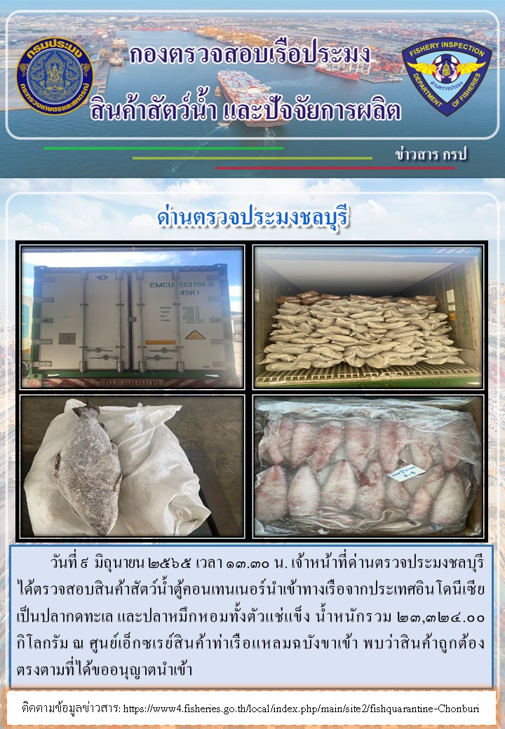 การปฏิบัติงานของเจ้าหน้าที่ด่านตรวจประมงชลบุรีประจำวันที่ 9 มิถุนายน 2565..คลิก