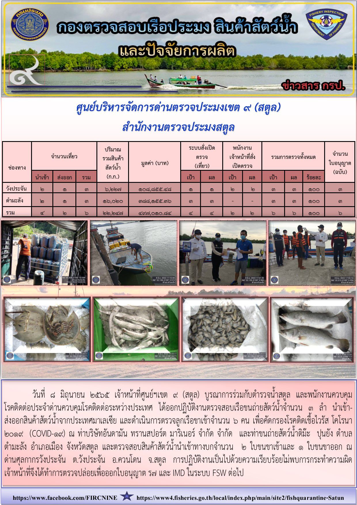 ประชาสัมพันธ์การปฏิบัติงานศูนย์บริหารจัดการด่านตรวจประมงเขต 9(สตูล) ประจำวันที่ 6-10 มิถุนายน 2565..คลิก