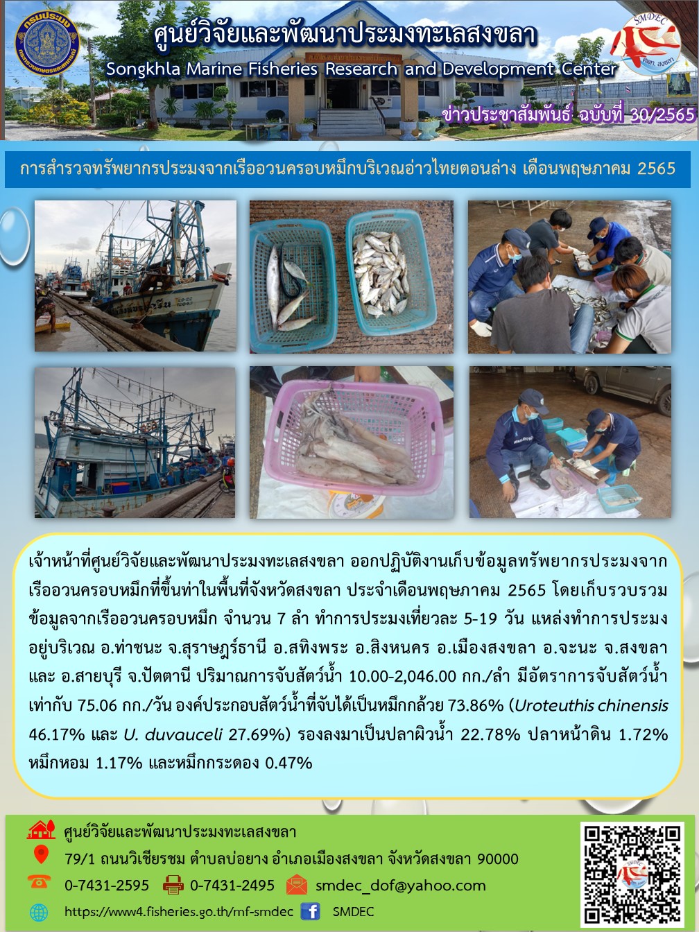 เจ้าหน้าที่ศูนย์วิจัยและพัฒนาประมงทะเลสงขลา ออกปฏิบัติงานเก็บข้อมูลทรัพยากรประมงจากเรืออวนครอบหมึกที่ขึ้นท่าในพื้นที่จังหวัดสงขลา ประจำเดือนพฤษภาคม 2565 โดยเก็บรวบรวมข้อมูลจากเรืออวนครอบหมึก จำนวน 7 ลำ..คลิก