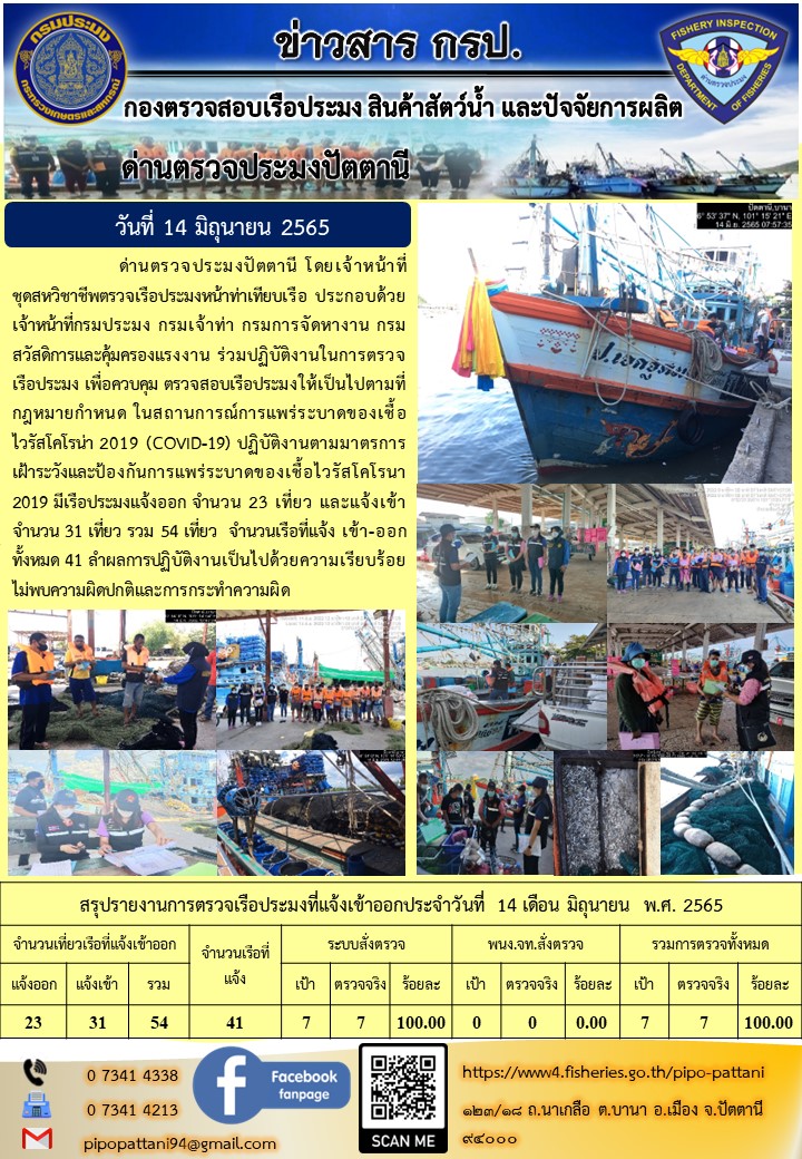 ข่าวสารการปฏิบัติงาน ด่านตรวจประมงปัตตานี 14 มิ.ย. 65..คลิก