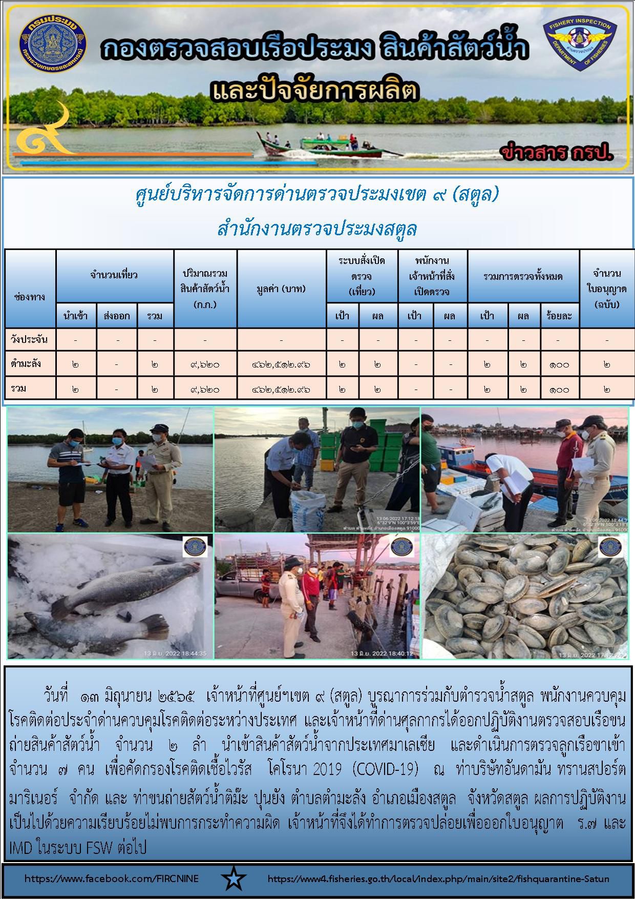 ประชาสัมพันธ์การปฏิบัติงานศูนย์บริหารจัดการด่านตรวจประมงเขต 9 (สตูล) ประจำวันที่  11 - 15 มิถุนายน 2565..คลิก
