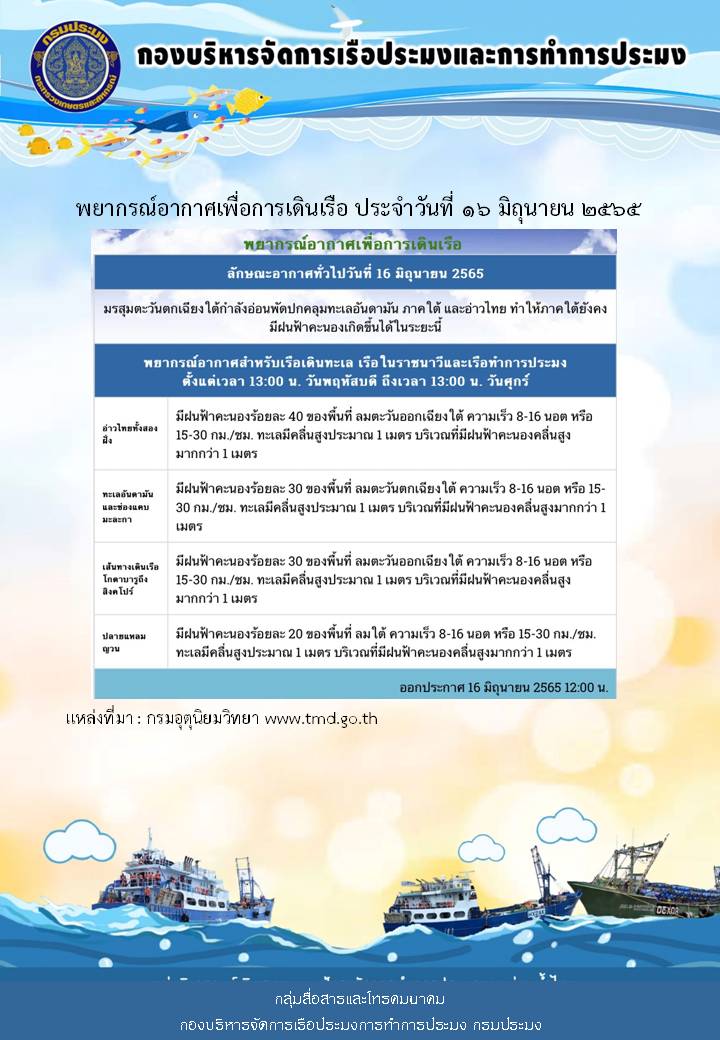 พยากรณ์อากาศเพื่อการเดินเรือ ประจำวันที่ 16 มิถุนายน 2565..คลิก