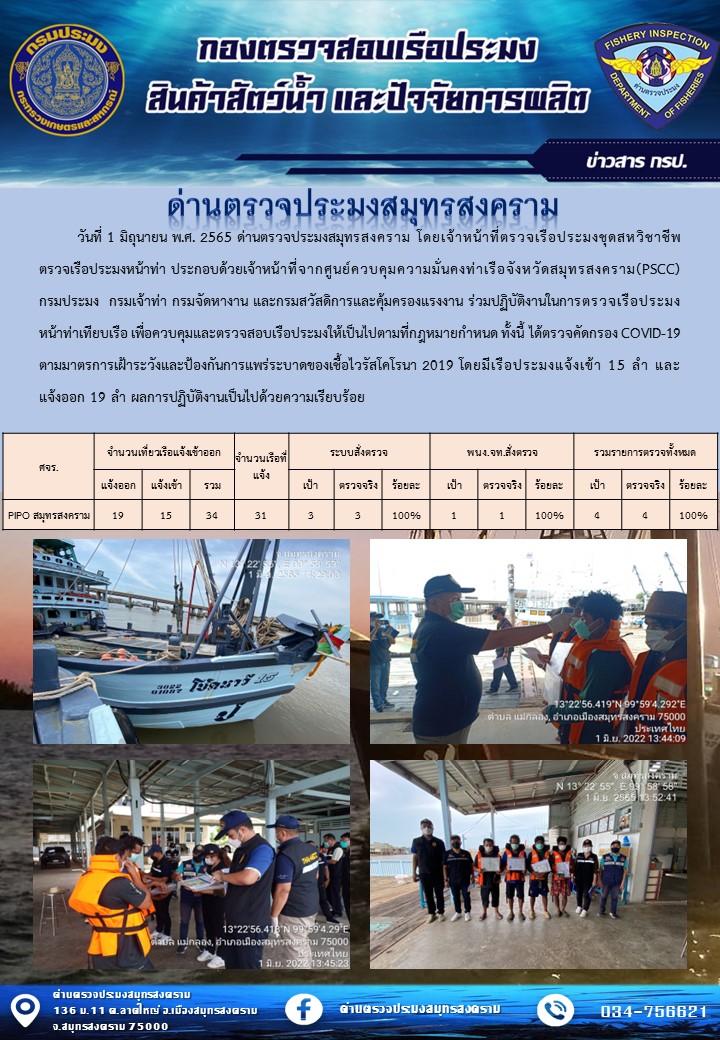สถิติการแจ้งเข้า - ออกเรือประมงพาณิชย์ ด่านตรวจประมงสมุทรสงคราม ประจำวันที่ 1 มิถุนายน 2565..คลิก