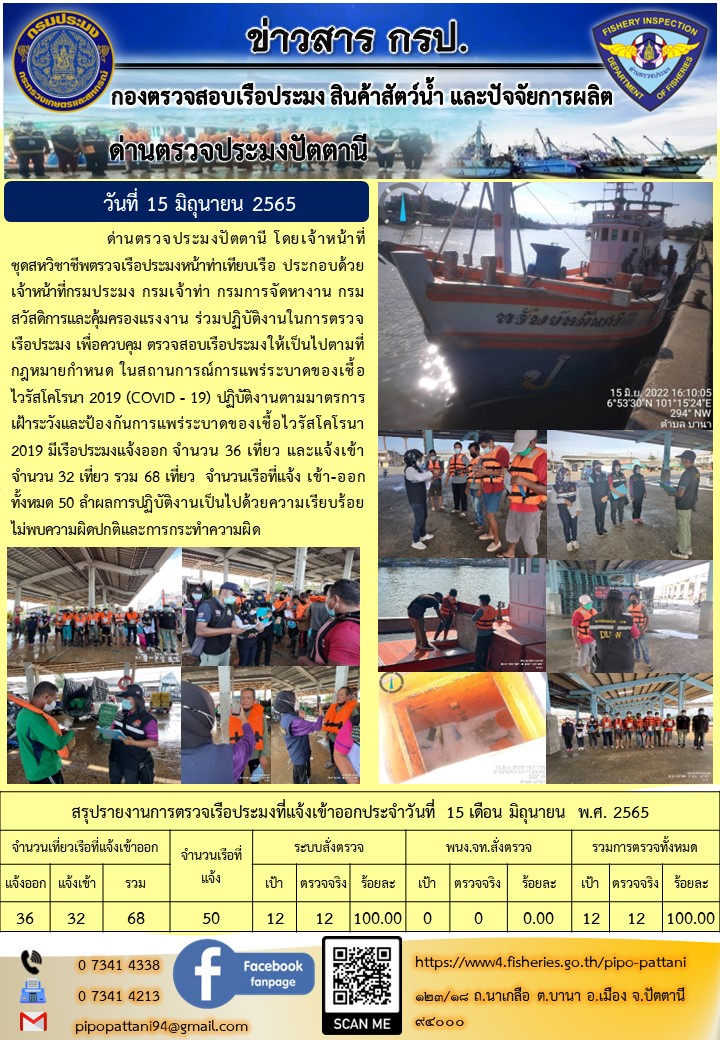 ข่าวสารการปฏิบัติงาน ด่านตรวจประมงปัตตานี 15 มิ.ย. 65..คลิก