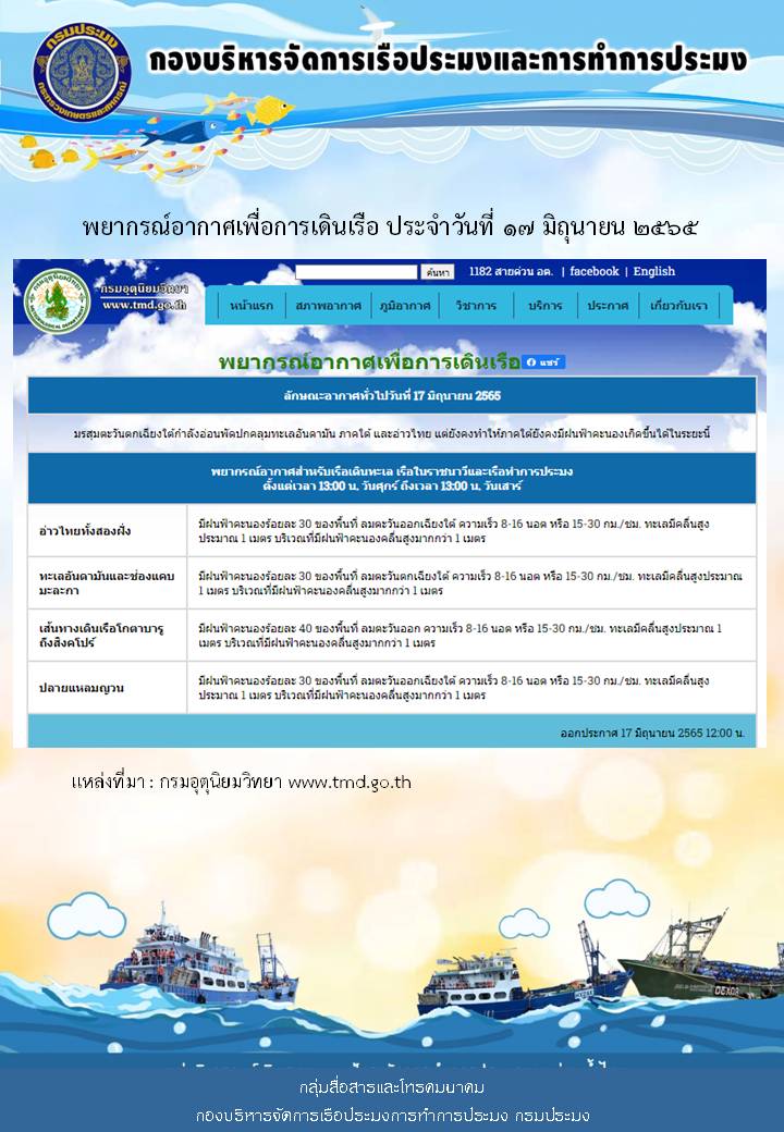 พยากรณ์อากาศเพื่อการเดินเรือ ประจำวันที่ 17 มิถุนายน 2565..คลิก