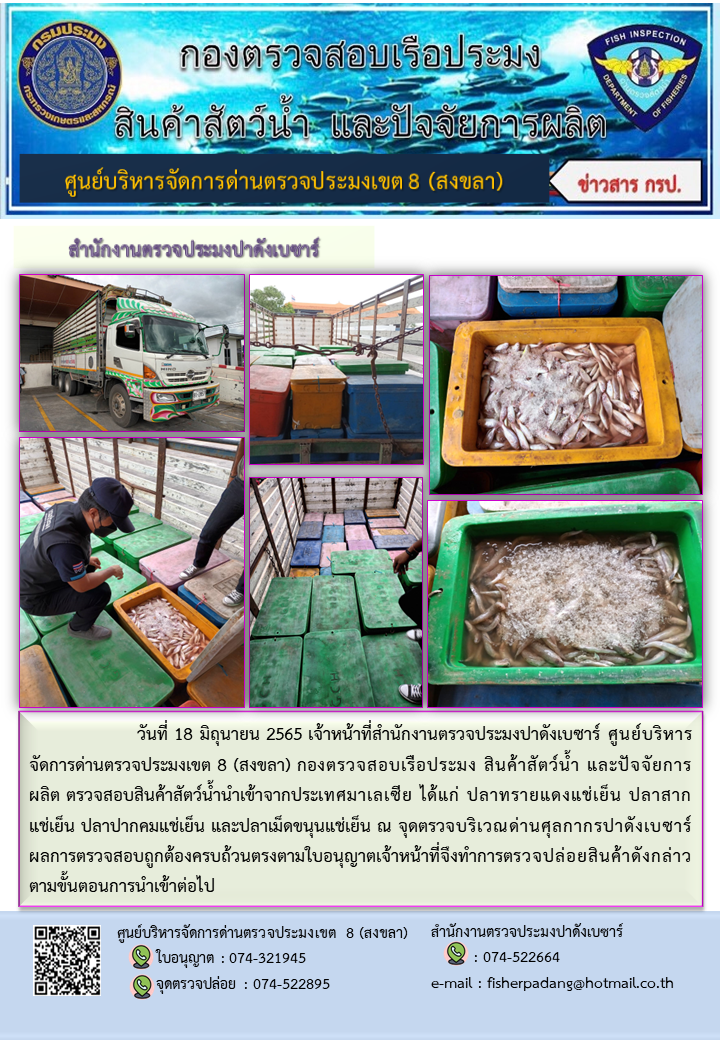 ประชาสัมพันธ์การปฏิบัติงาน วันที่ 18 มิถุนายน 2565 สำนักงานตรวจประมงปาดังเบซาร์..คลิก