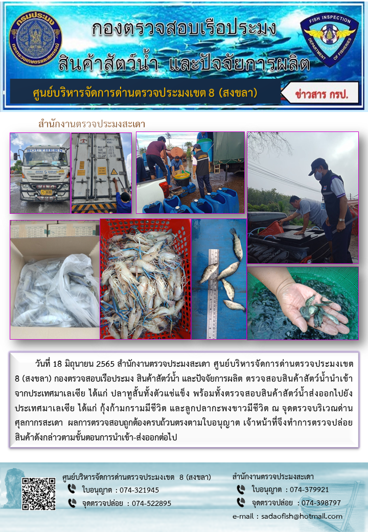 ประชาสัมพันธ์การปฏิบัติงาน วันที่ 18 มิถุนายน 2565 สำนักงานตรวจประมงสะเดา..คลิก