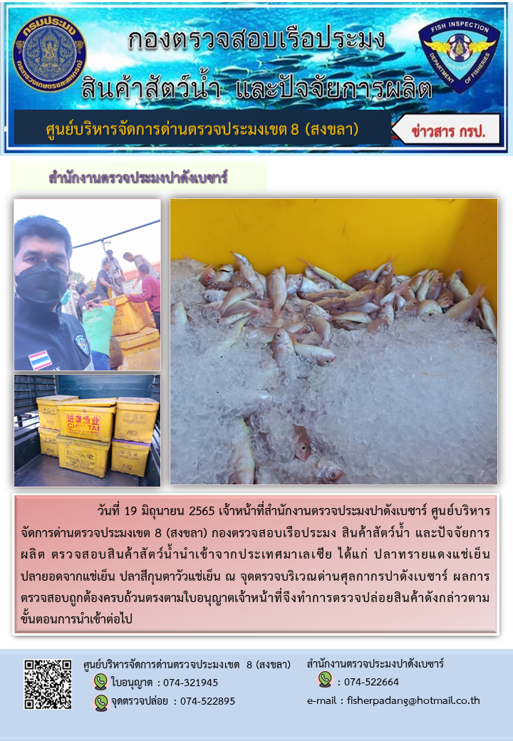 ประชาสัมพันธ์การปฏิบัติงาน วันที่ 19 มิถุนายน 2565 สำนักงานตรวจประมงปาดังเบซาร์..คลิก