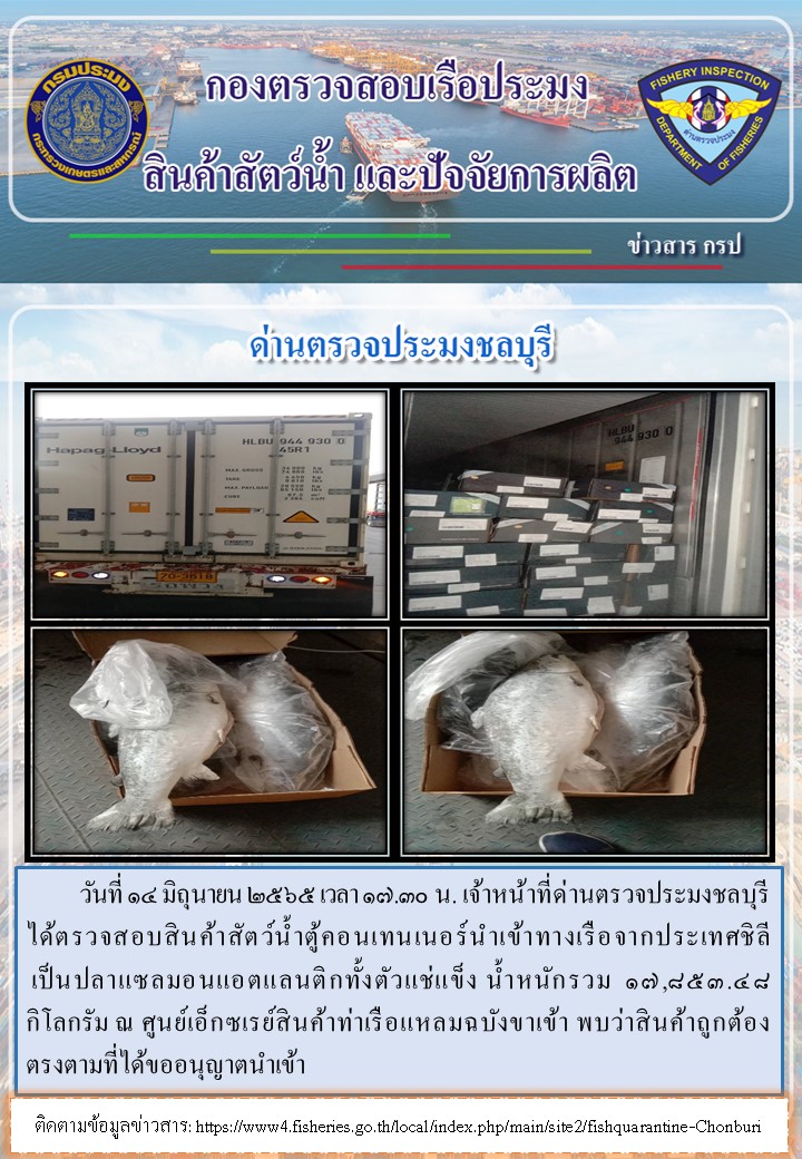 การปฏิบัติงานของเจ้าหน้าที่ด่านตรวจประมงชลบุรีประจำวันที่ 14 มิถุนายน 2565..คลิก