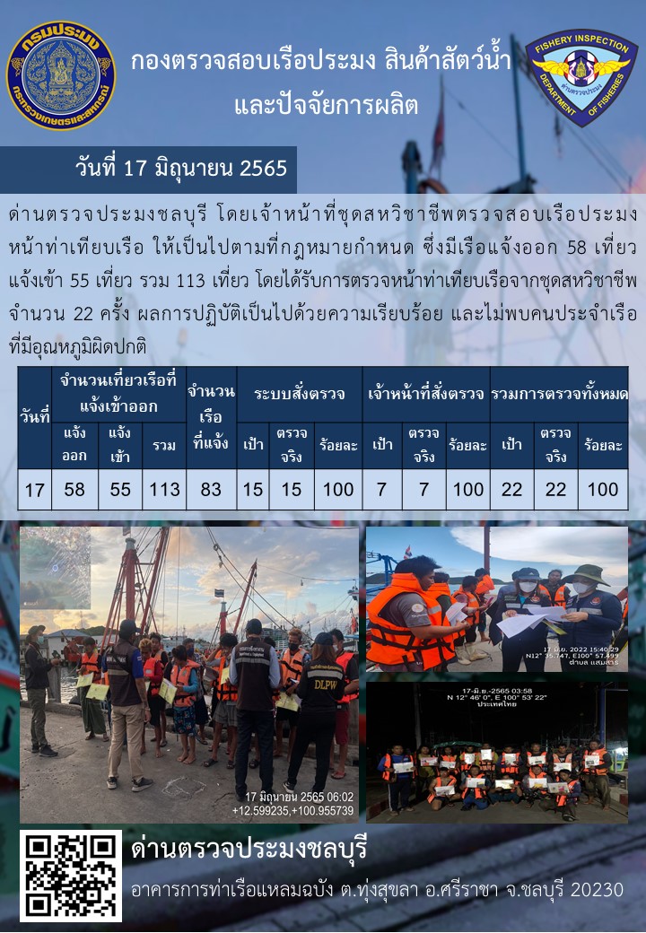 การปฏิบัติงานของเจ้าหน้าที่ด่านตรวจประมงชลบุรีประจำวันที่ 17 มิถุนายน 2565..คลิก