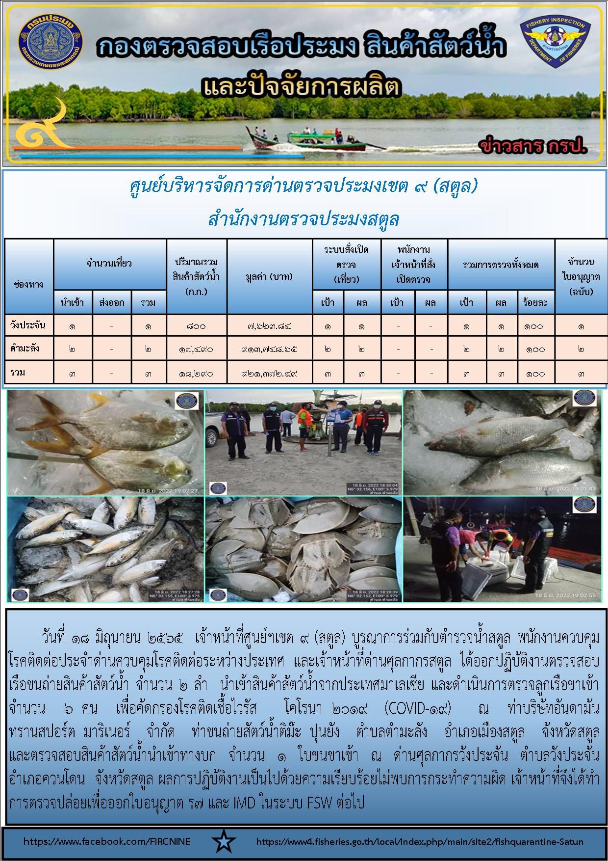 ประชาสัมพันธ์การปฏิบัติงานศูนย์บริหารจัดการด่านตรวจประมงเขต 9(สตูล) ประจำวันที่ 16-20 มิถุนายน 2565..คลิก