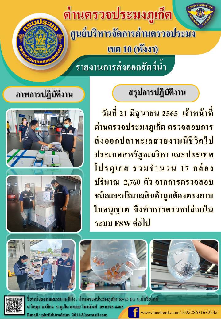 วันที่ 21 มิถุนายน 2565 เจ้าหน้าที่ด่านตรวจประมงภูเก็ต ตรวจสอบการส่งออกปลาทะเลสวยงามมีชีวิตไปประเทศสหรัฐอเมริกา และประเทศ  โปรตุเกส รวมจำนวน 17 กล่อง ปริมาณ  2,760 ตัว จากการตรวจสอบชนิดและปริมาณสินค้าถูกต้องตรงตามใบอนุญาต  จึงทำการตรวจปล่อยในระบบ FSW ต่อไป..คลิก