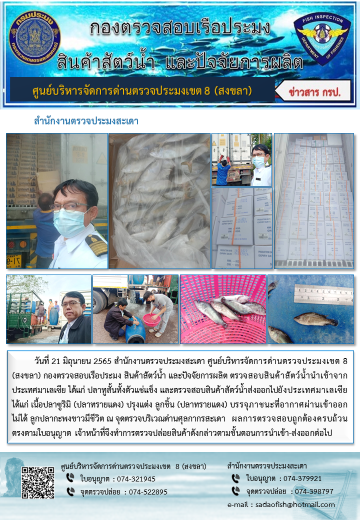 ประชาสัมพันธ์การปฏิบัติงาน วันที่ 21 มิถุนายน 2565 สำนักงานตรวจประมงสะเดา..คลิก