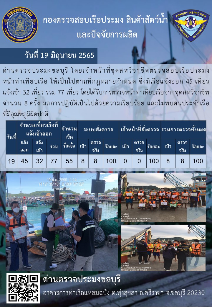 การปฏิบัติงานของเจ้าหน้าที่ด่านตรวจประมงชลบุรีประจำวันที่ 19 มิถุนายน 2565..คลิก