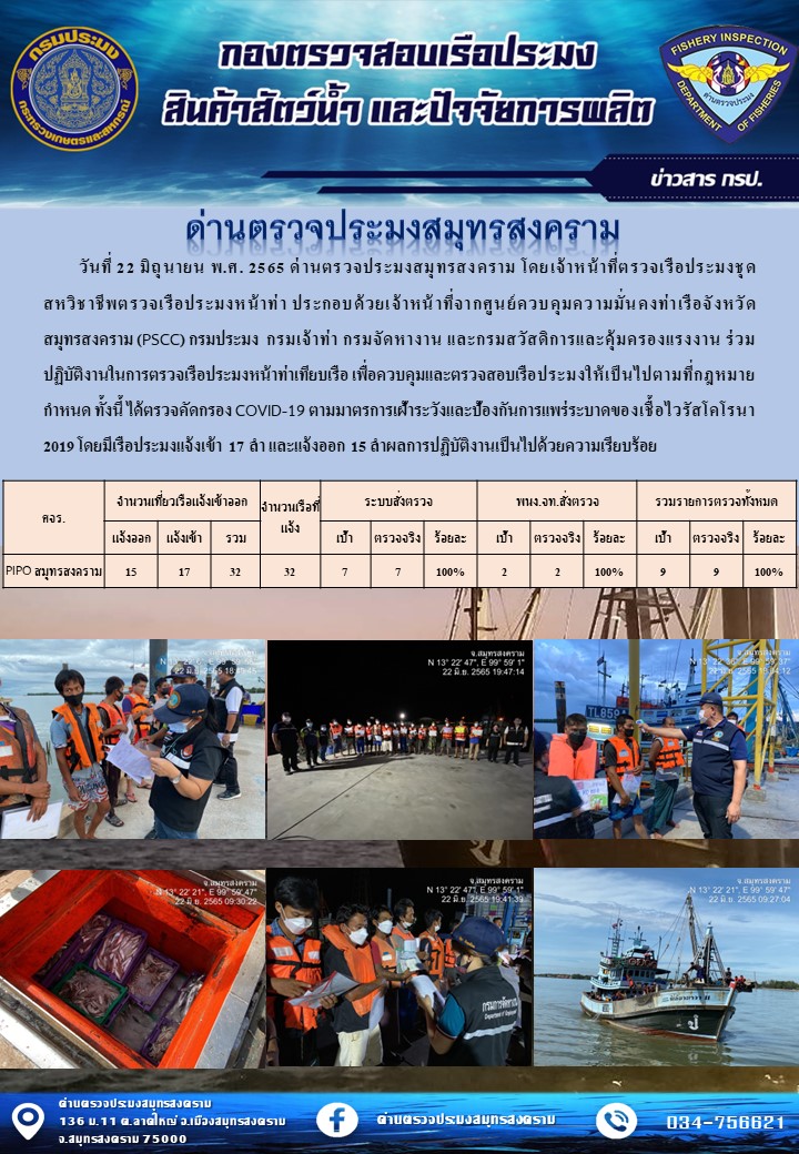 สถิติการแจ้งเข้า - ออกเรือประมงพาณิชย์ ด่านตรวจประมงสมุทรสงคราม ประจำวันที่ 22 มิถุนายน 2565..คลิก