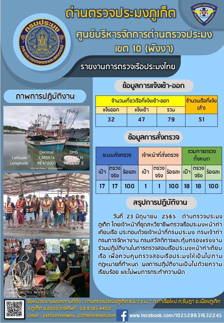 ประชาสัมพันธ์การปฏิบัติงานด้านการควบคุมการแจ้งเข้าออกเรือประมงไทยด่านตรวจประมงภูเก็ต วันที่ 23 มิถุนายน 2565..คลิก