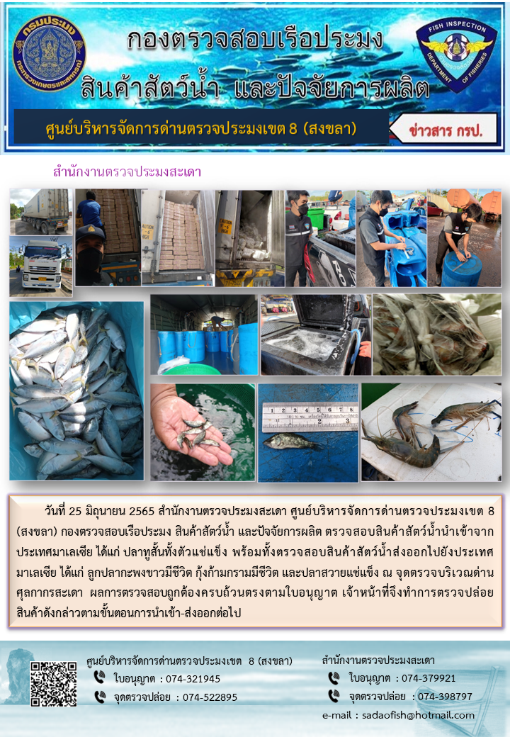 ประชาสัมพันธ์การปฏิบัติงาน วันที่ 25 มิถุนายน 2565 สำนักงานตรวจประมงสะเดา..คลิก