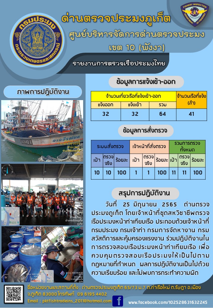 ประชาสัมพันธ์การปฏิบัติงานด้านการควบคุมการแจ้งเข้าออกเรือประมงไทยด่านตรวจประมงภูเก็ต วันที่ 25 มิถุนายน 2565..คลิก