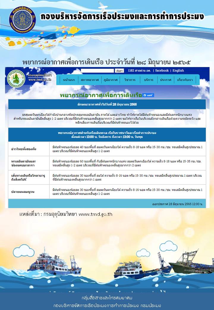 พยากรณ์อากาศเพื่อการเดินเรือ ประจำวันที่ 28 มิถุนายน 2565..คลิก