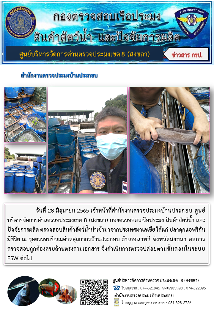 ประชาสัมพันธ์การปฏิบัติงาน วันที่ 28 มิถุนายน 2565 สำนักงานตรวจประมงบ้านประกอบ..คลิก