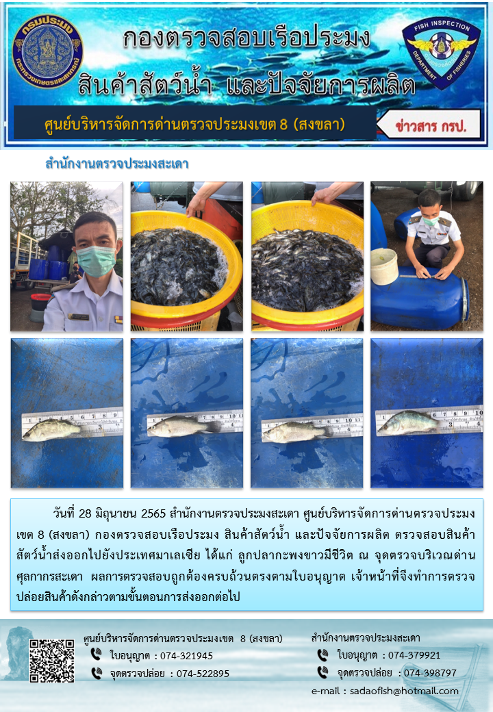 ประชาสัมพันธ์การปฏิบัติงาน วันที่ 28 มิถุนายน 2565 สำนักงานตรวจประมงสะเดา..คลิก