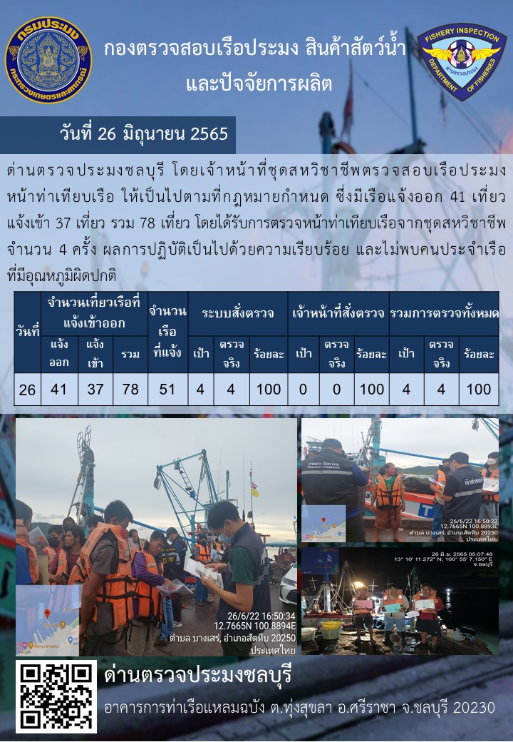 ารปฏิบัติงานของเจ้าหน้าที่ด่านตรวจประมงชลบุรีประจำวันที่ 26 มิถุนายน 2565..คลิก
